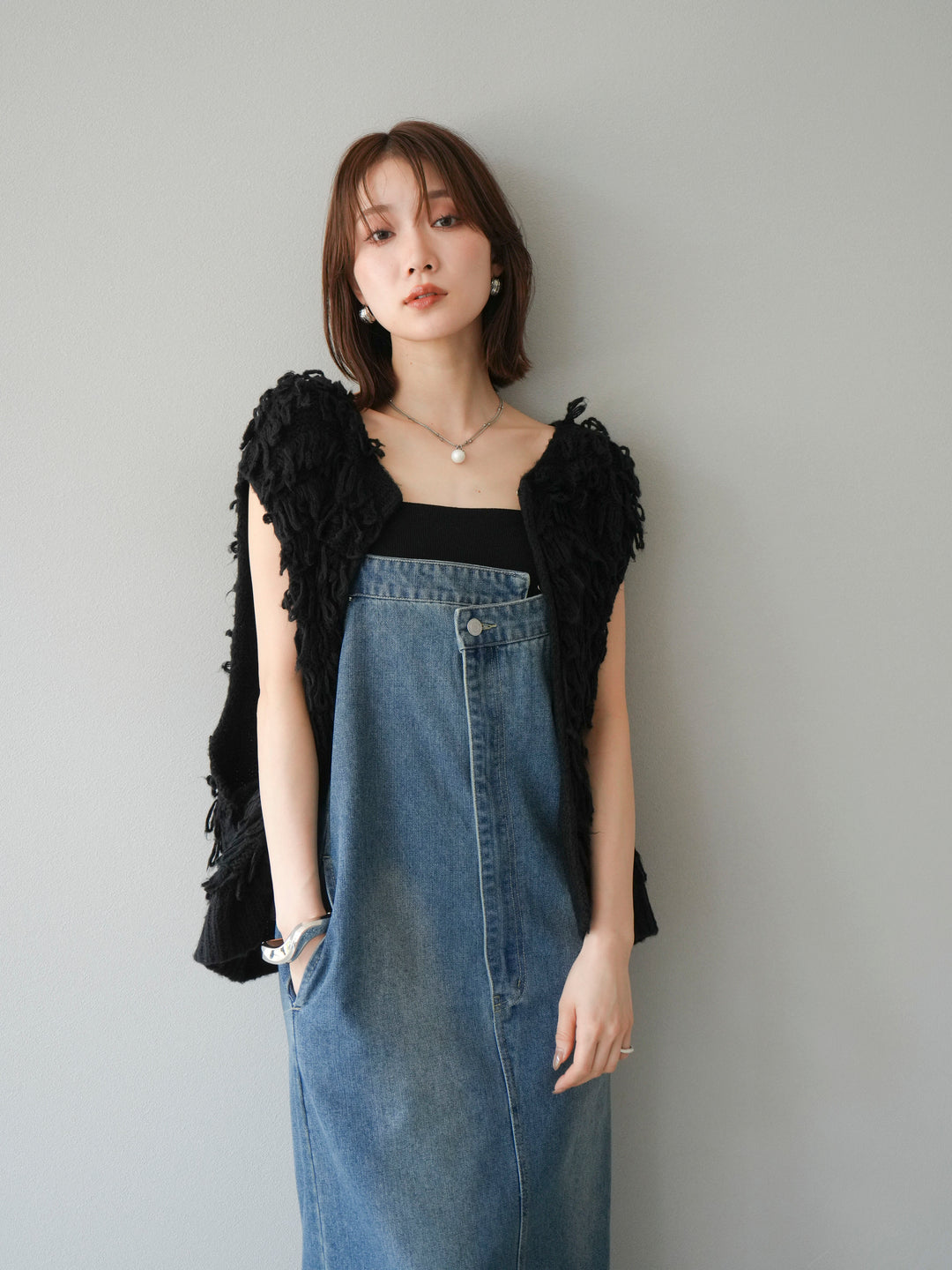 [SET]ループデザインベスト+アシンメトリーデニムワンピース(2set)