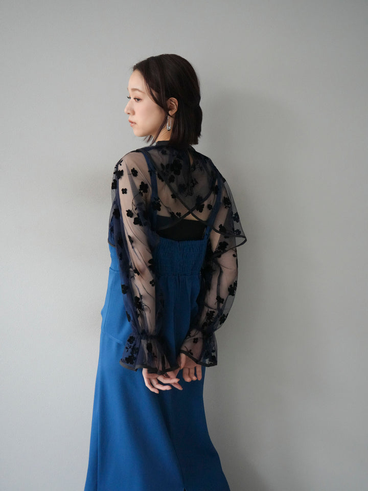 [予約]チュールフラワーフロッキーショートブラウス/ネイビー