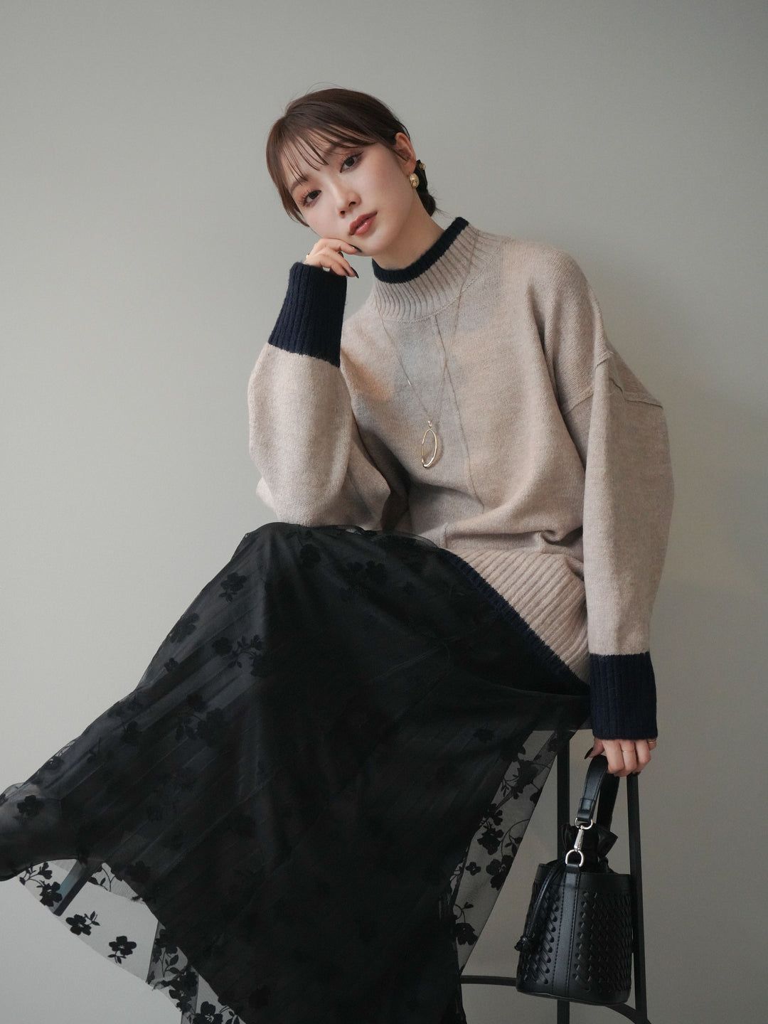 [SET]配色ハイネックニットプルオーバー+配色ハイネックニットプルオーバー(2set)