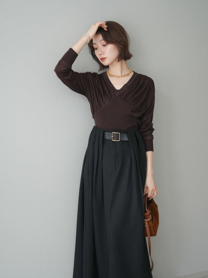 [予約]サイドギャザーVネックニットプルオーバー/brown