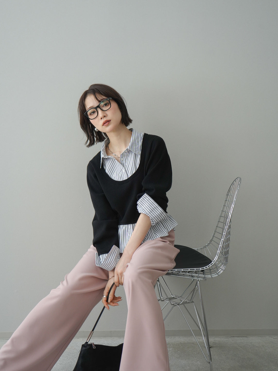 [予約]ストライプシャツUネックドッキングニットプルオーバー/blackoffstripe