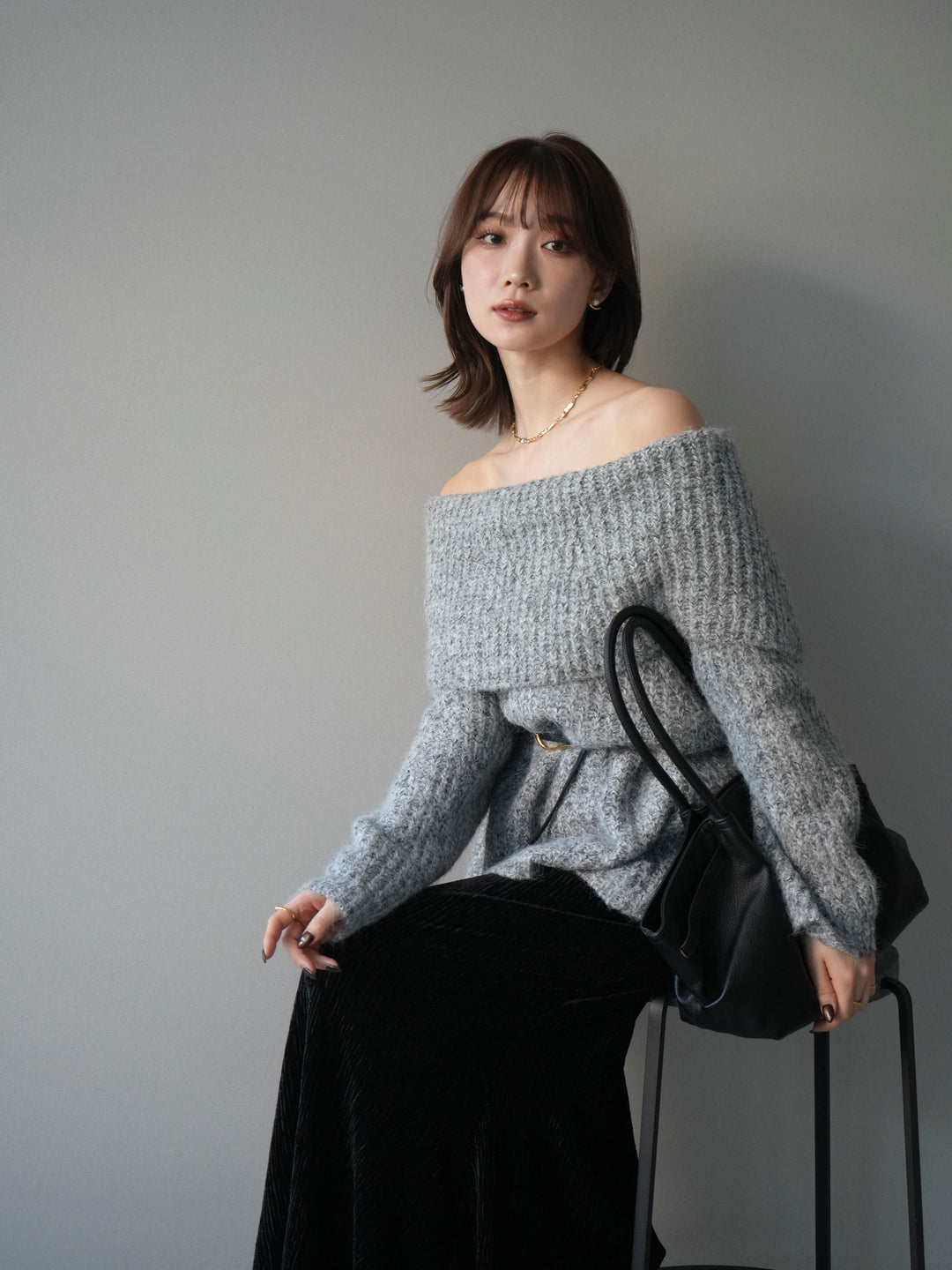 [予約]オフショルミックスニットプルオーバー/gray