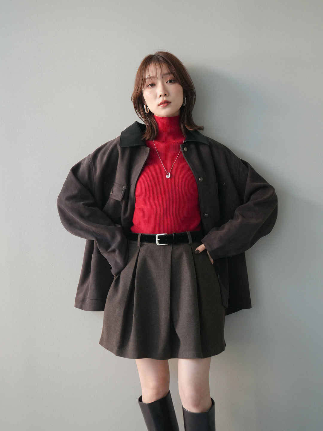 [予約]襟レザーステンカラースエードジャケット/brown