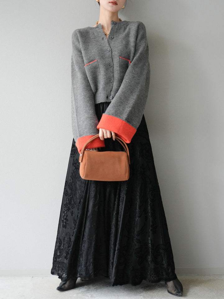 [SET]バイカラーオーバーニットカーディガン+アンティーク柄フロッキーマキシスカート(2set)