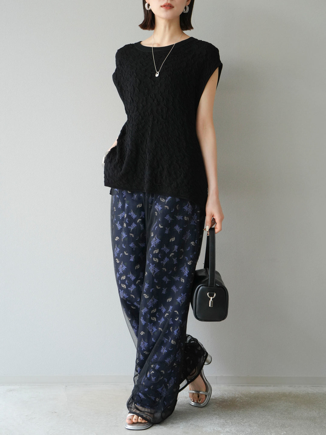 [SET]コード刺繍チュールレイヤードパンツ+ブーケプリントタックパンツ(2set)