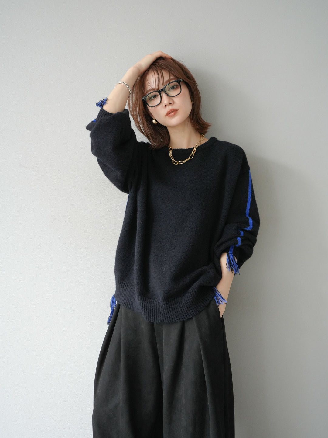 [SET]配色ステッチフリンジニットプルオーバー +スウェードタックワイドパンツ(2set)