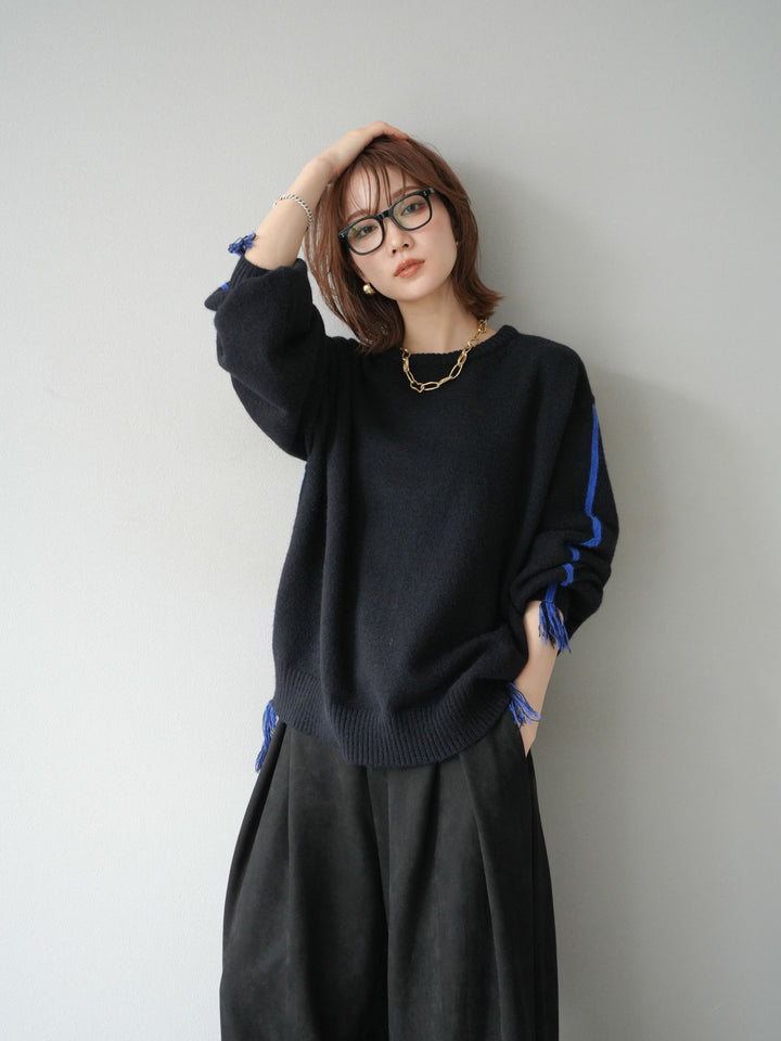 [SET]配色ステッチフリンジニットプルオーバー +スウェードタックワイドパンツ(2set)