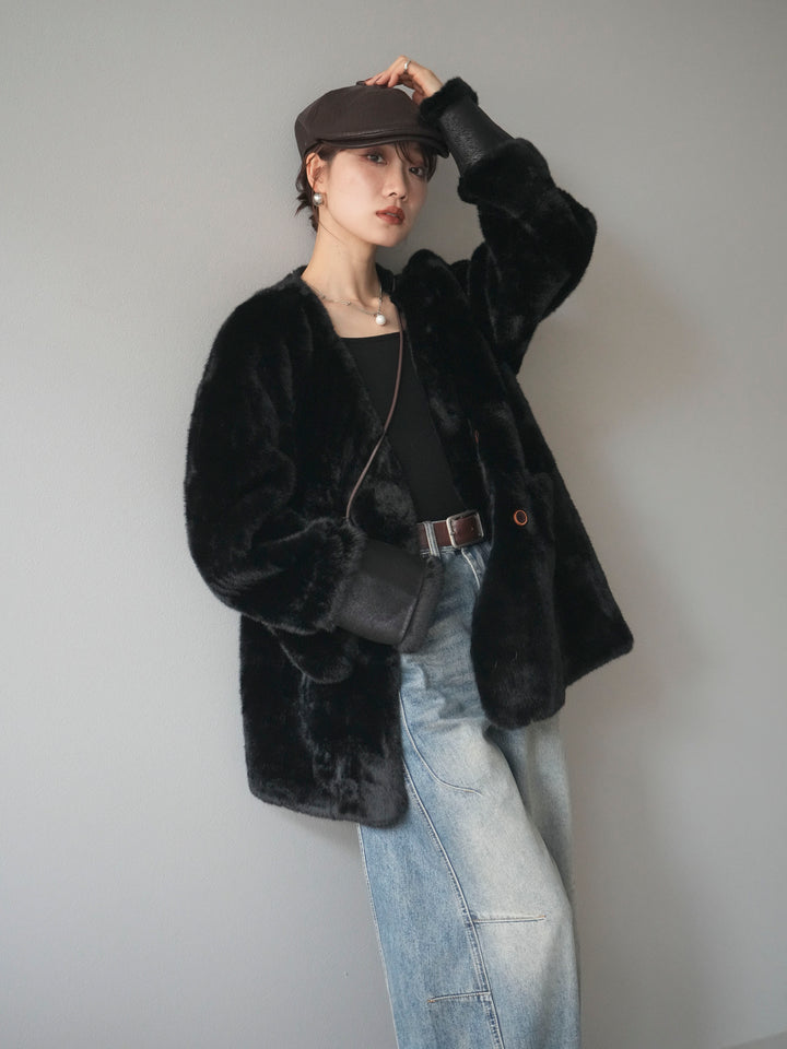 [SET]バッグ付エコファーノーカラーコート+ベルト付カーブデニムパンツ(2set)