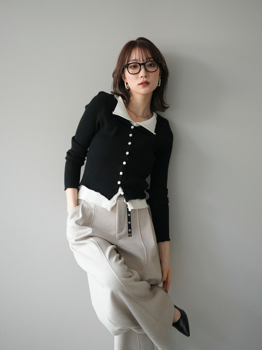 [予約]配色レイヤードリブニットカーディガン/black