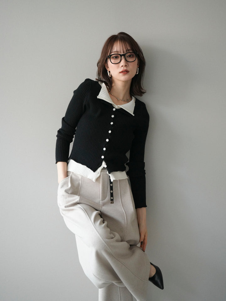 [予約]配色レイヤードリブニットカーディガン/black