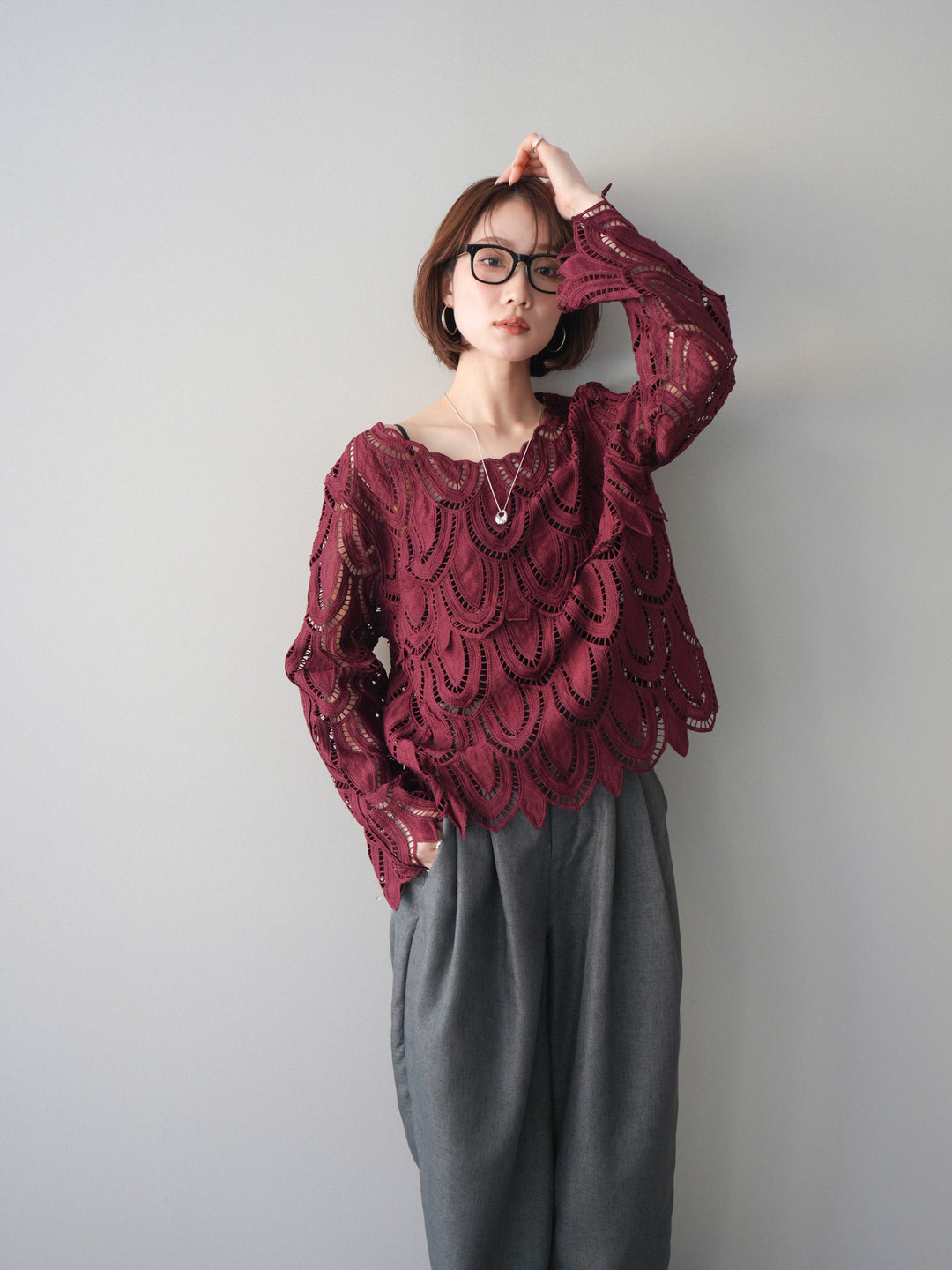 [予約]透かしコードレースブラウス/bordeaux