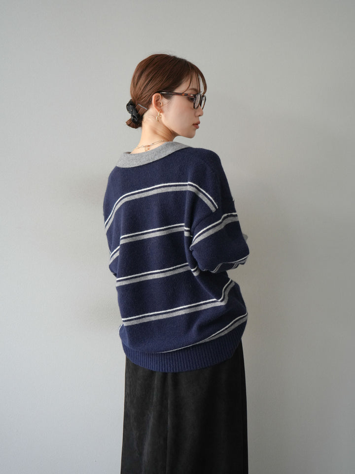 [SET]ポロ襟スキッパーボーダーニットプルオーバー+スウェードIラインスカート(2set)