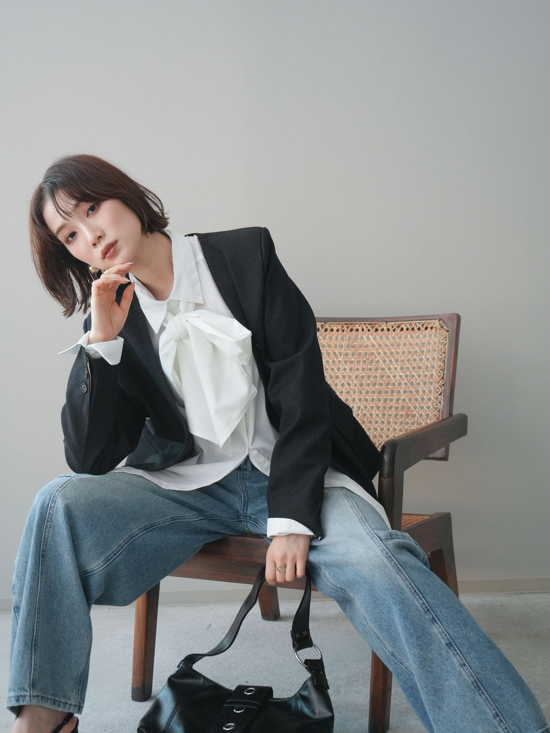 [SET]ノーカラージャケット+ボウタイ付オーバーシャツ(2set)