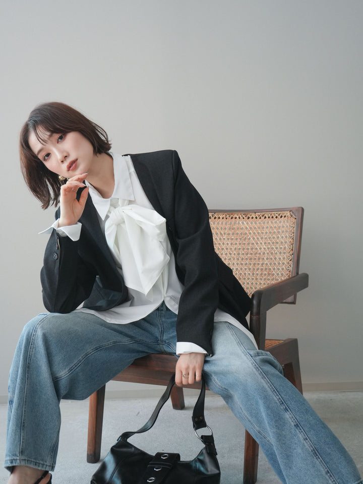 [SET]ノーカラージャケット+ボウタイ付オーバーシャツ(2set)