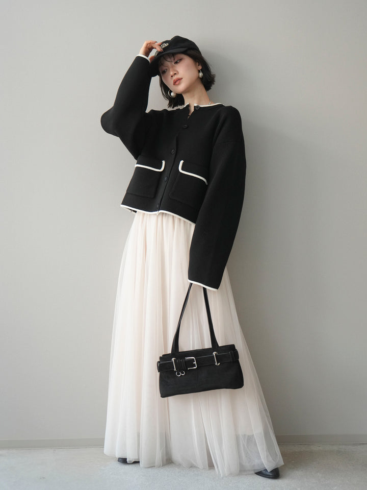 [SET]ポリエステル配色ニットカーディガン+チュールボリュームスカート(2set)