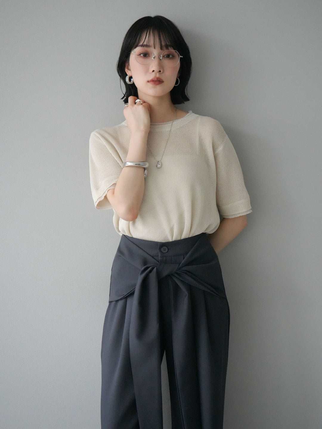 [SET]リネンタッチ配色二重臼ハーフニットトップス+ウエスト巻きデザインワイドパンツ(2set)