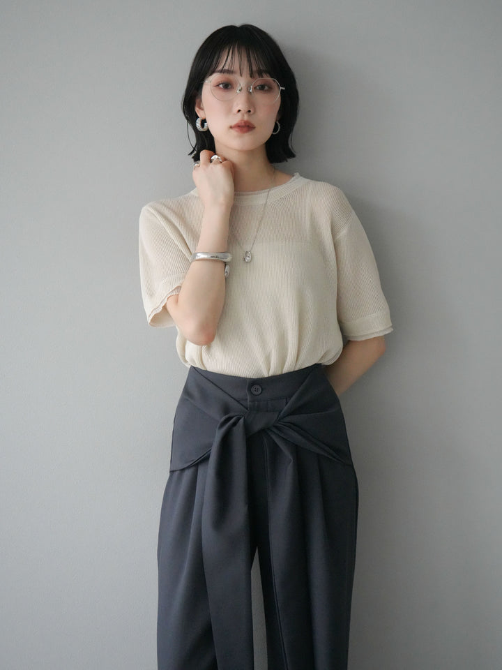 [SET]リネンタッチ配色二重臼ハーフニットトップス+ウエスト巻きデザインワイドパンツ(2set)