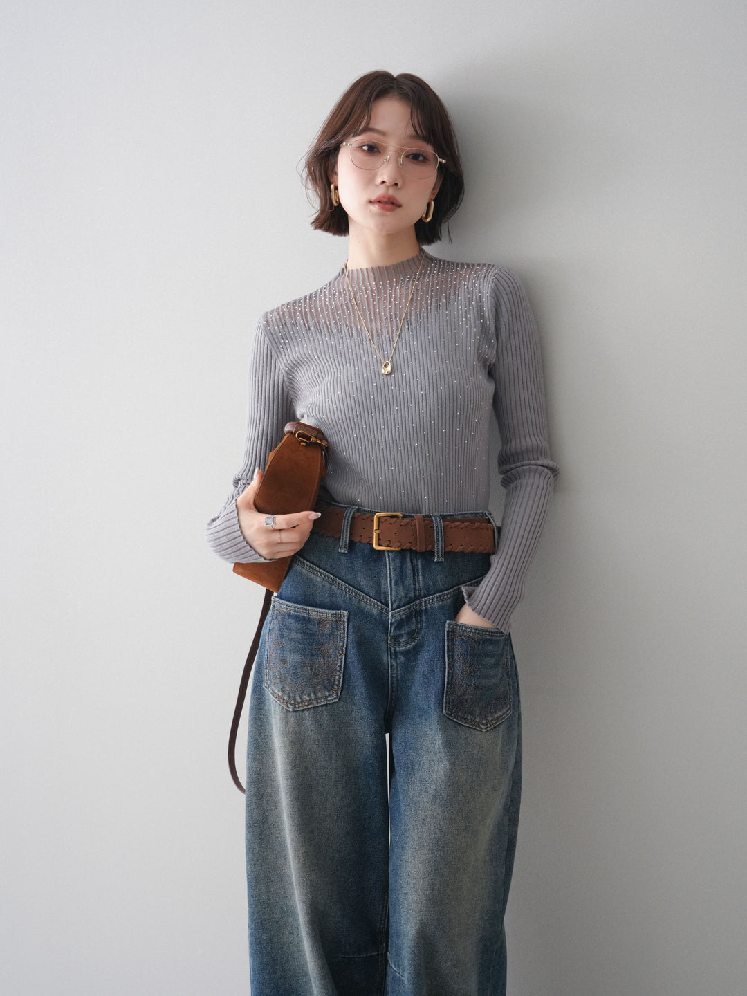 [予約]シアー切替スパンコールリブニットトップス/gray