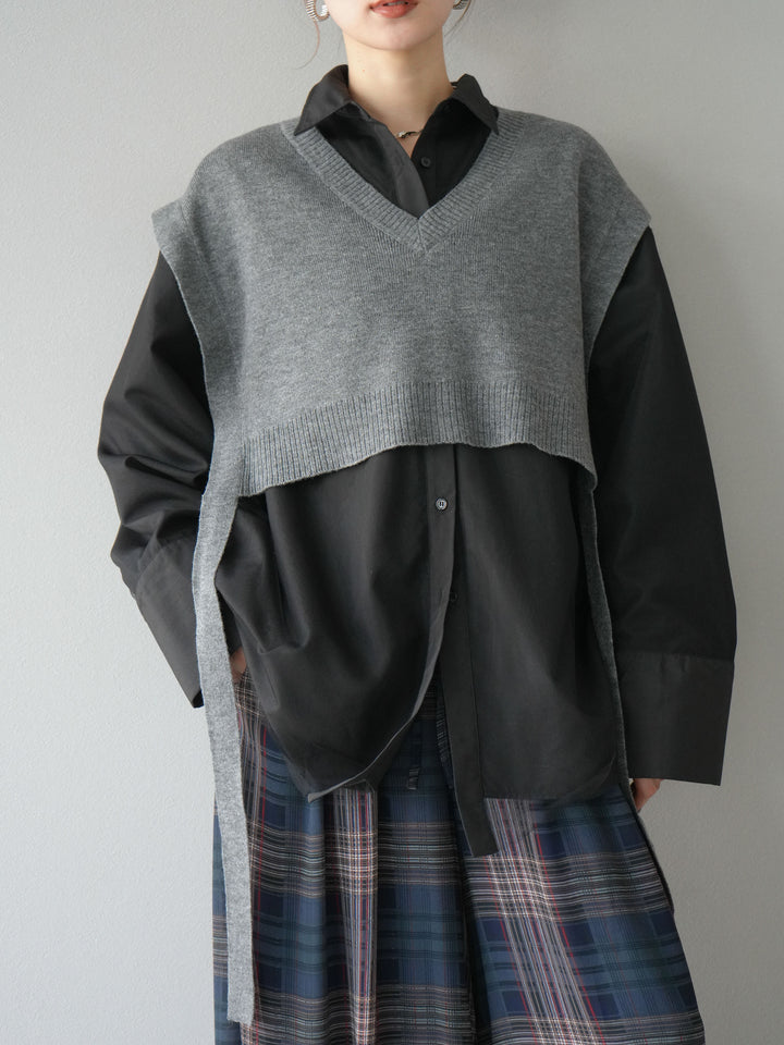 [予約]サイドリボンVネックショートニットベスト/チャコール