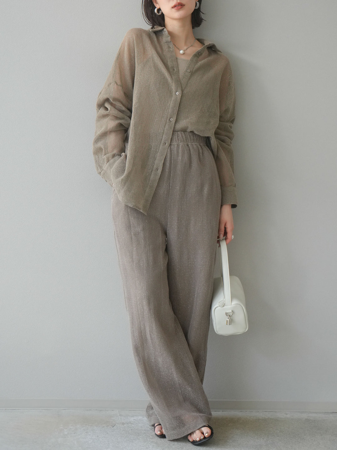 [預購] 棉金銀絲網眼休閒褲/米色