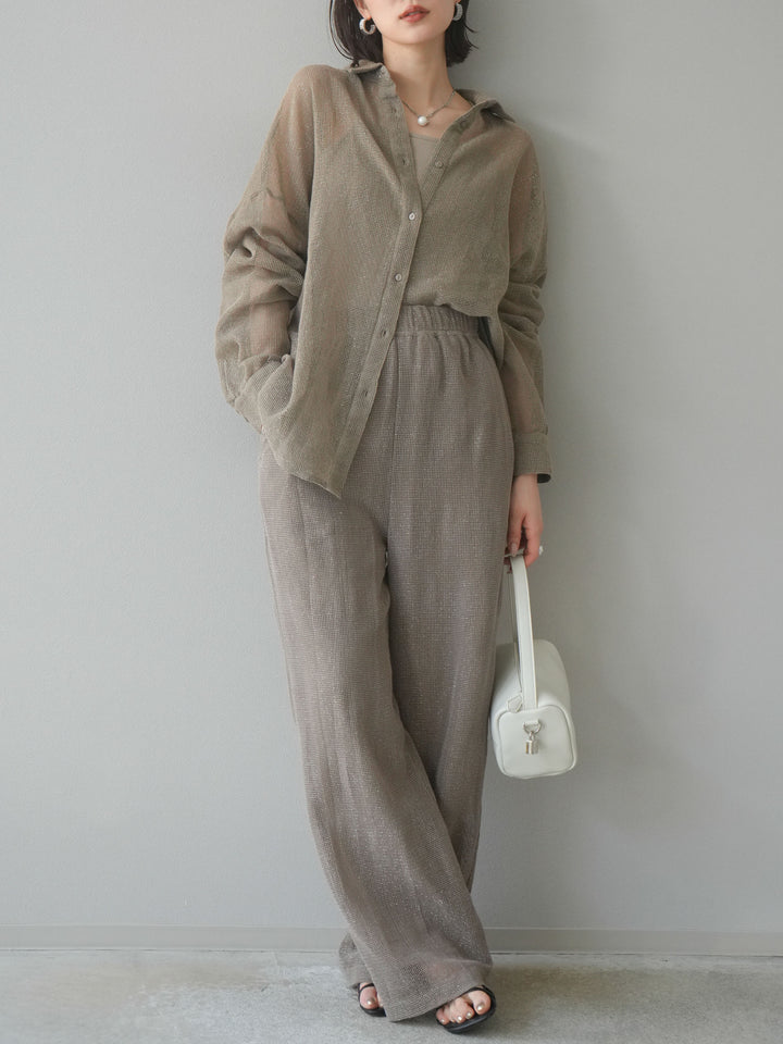 [預購] 棉金銀絲網眼休閒褲/米色