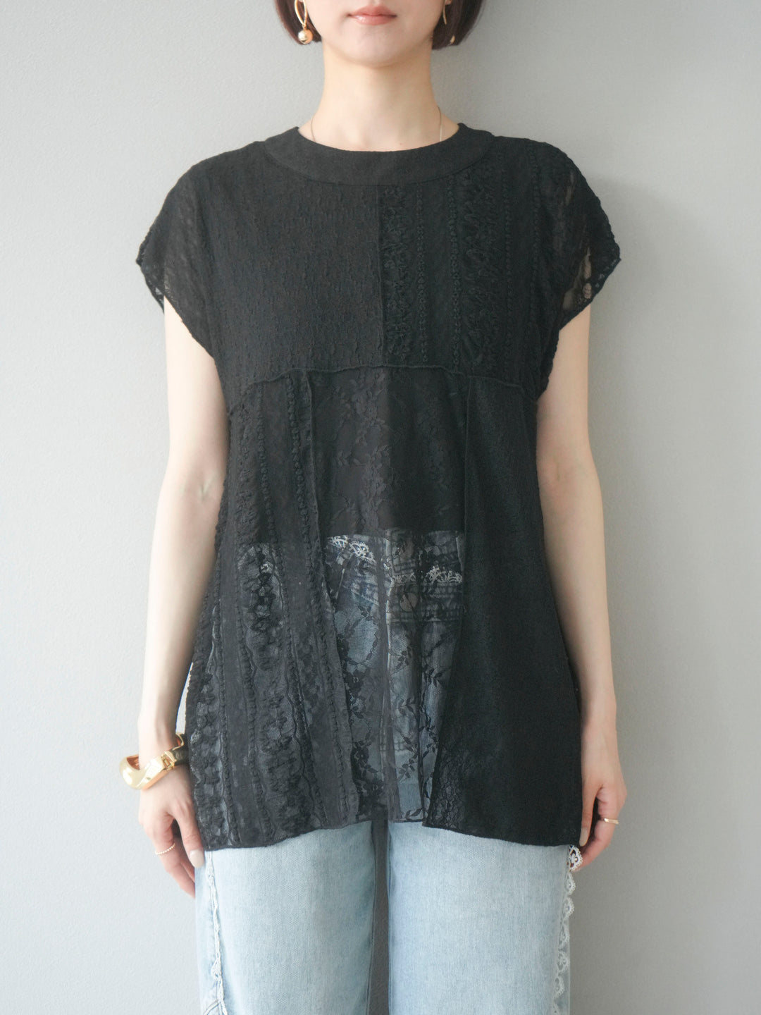 [予約]パッチワークレースフレンチプルオーバー/ブラック