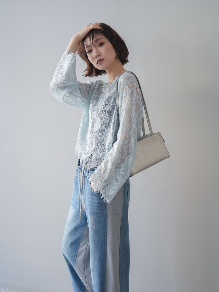 [SET]2WAYスリーブレーストップス+デニム切替スウェットパンツ(2set)