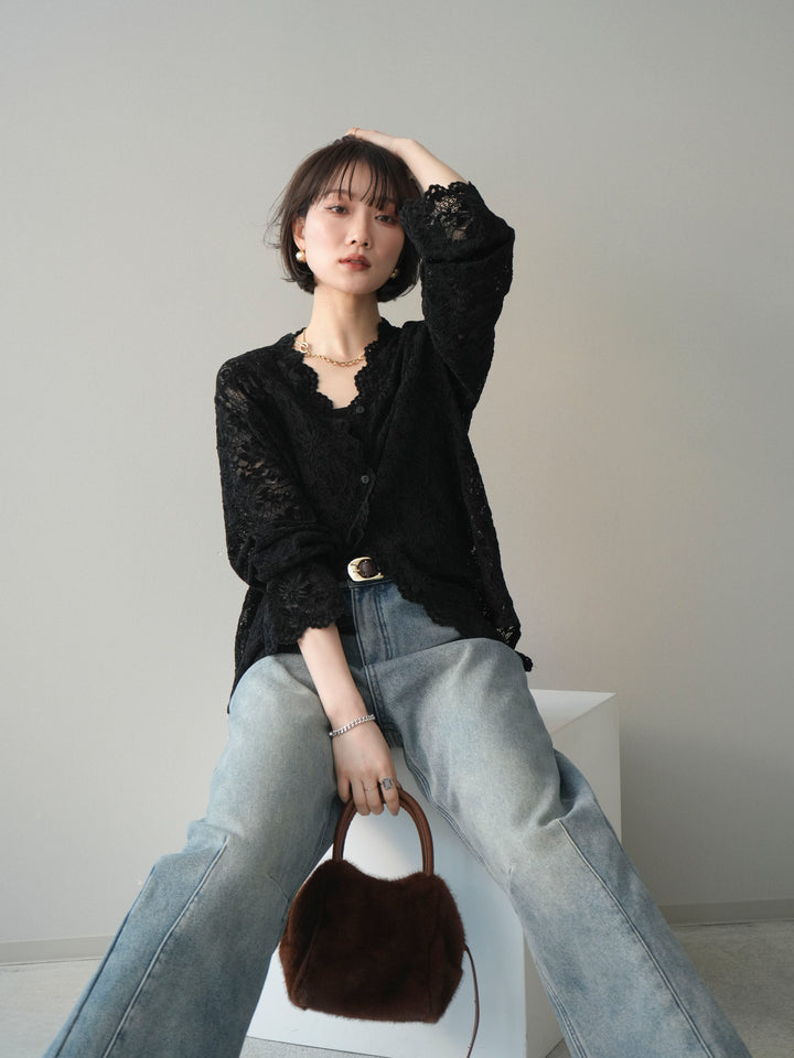 [予約]Vネックレースブラウス/black
