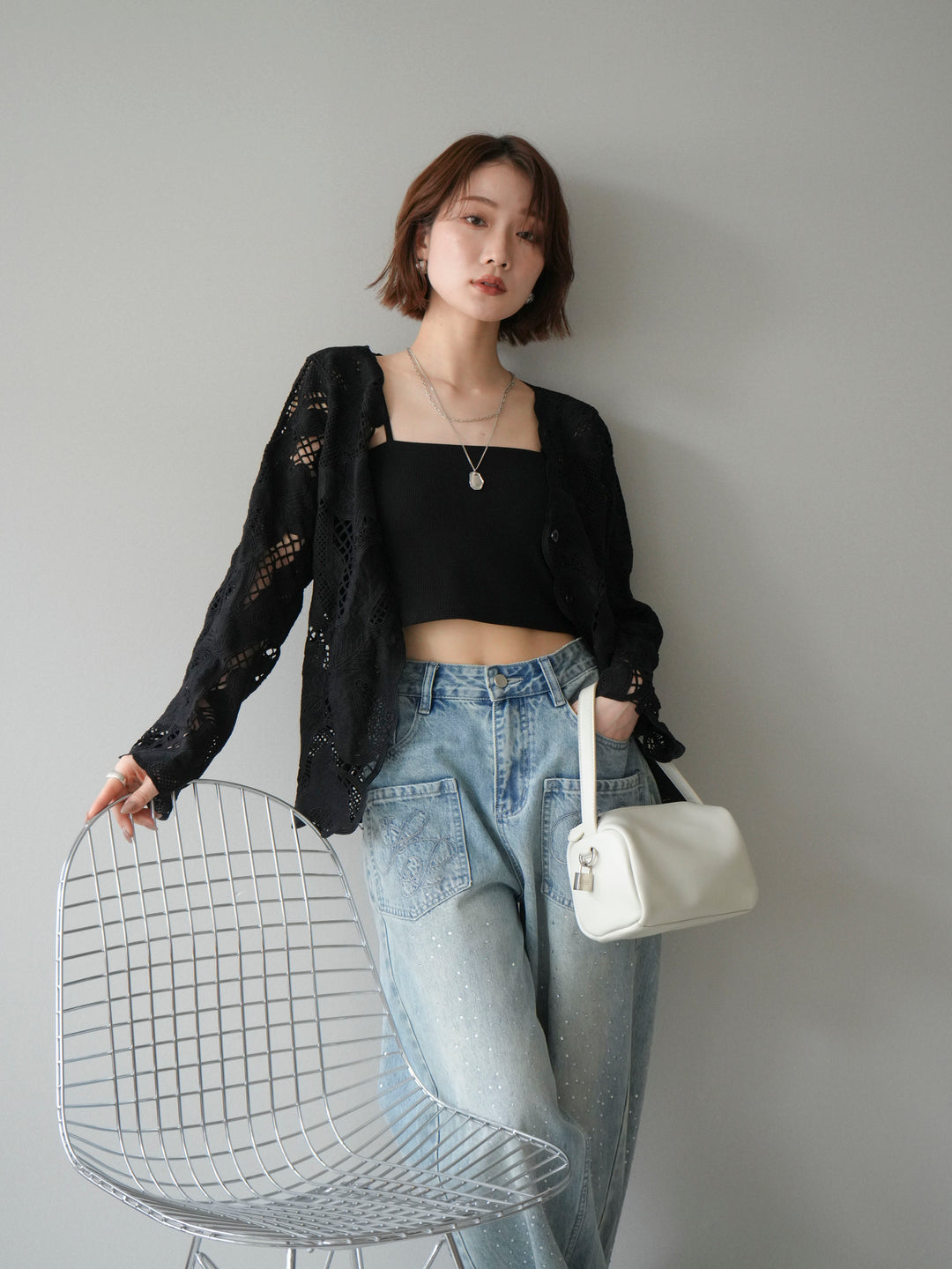 【套裝】3D蕾絲蕾絲上衣+內建胸罩羅紋抹胸吊帶背心（兩件組）