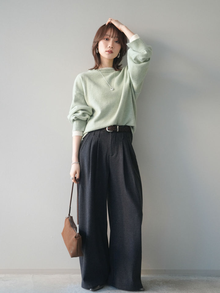 [予約]アニマル柄ベルト付きウールタッチワイドパンツ/charcoal