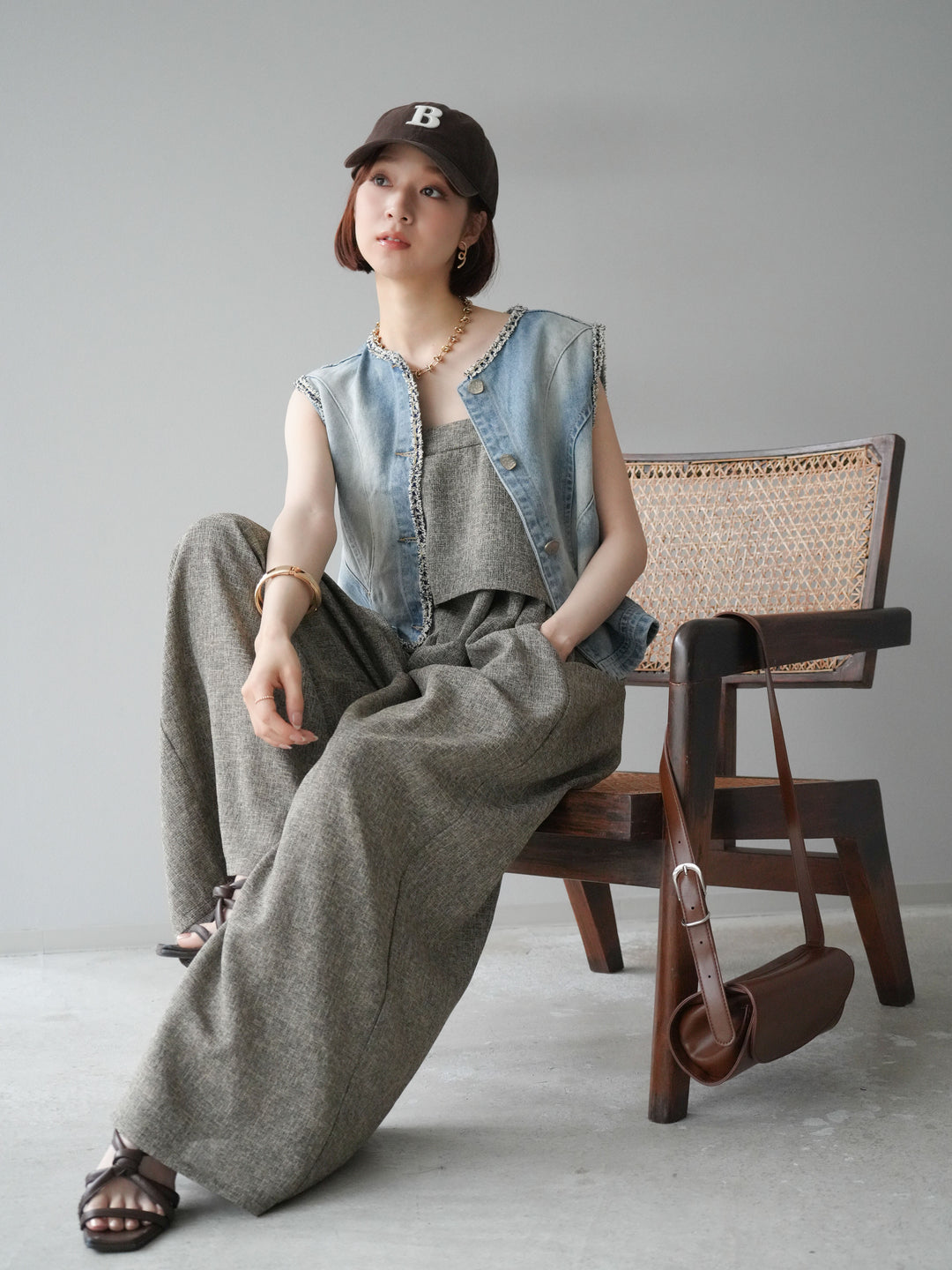 [予約]サマーツイードケープサロペット/ブラウン