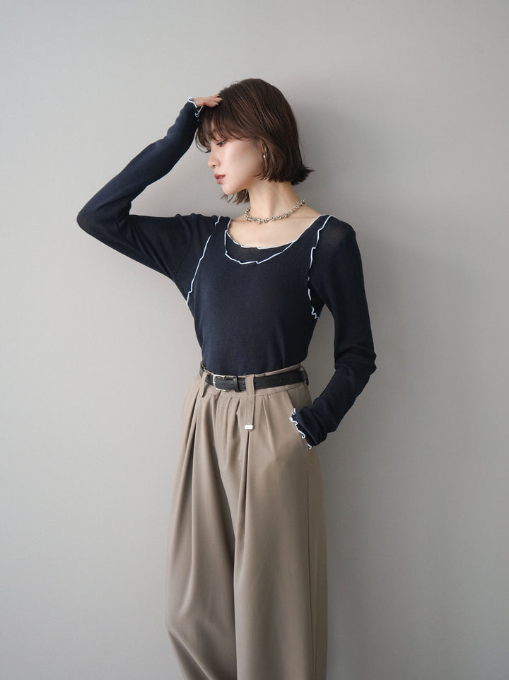 [予約]バイカラーメローアンサンブルシアーニットトップス/navy