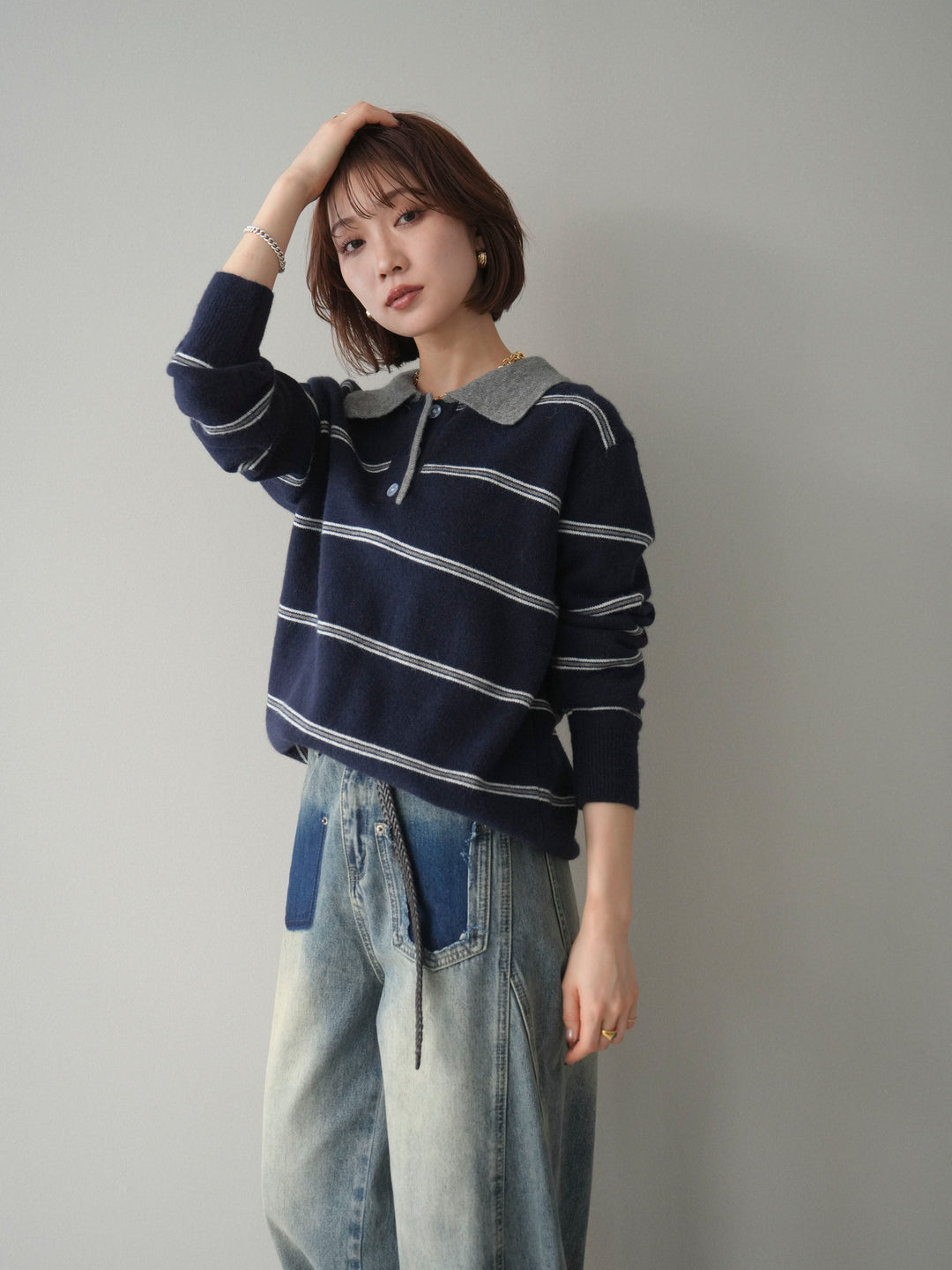 [予約]バイカラーボーダーポロニットプルオーバー/navy
