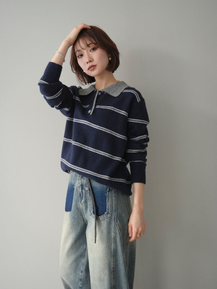 [予約]バイカラーボーダーポロニットプルオーバー/navy