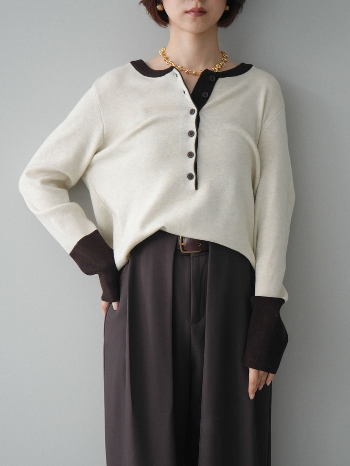 [SET]ヘンリーネック配色ニットソー+ベルトループデザインワイドパンツ(2set)