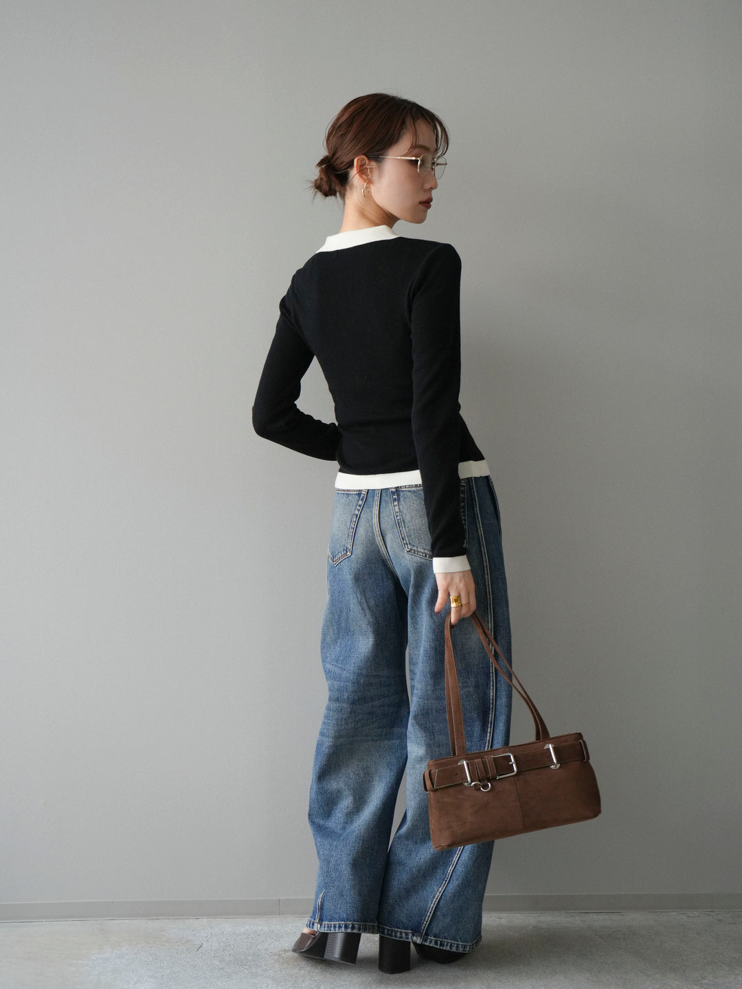 [予約]レイヤード配色ポロニットトップス/black