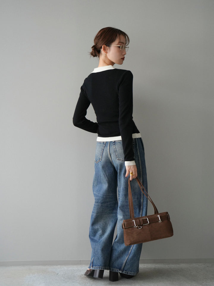 [予約]レイヤード配色ポロニットトップス/black