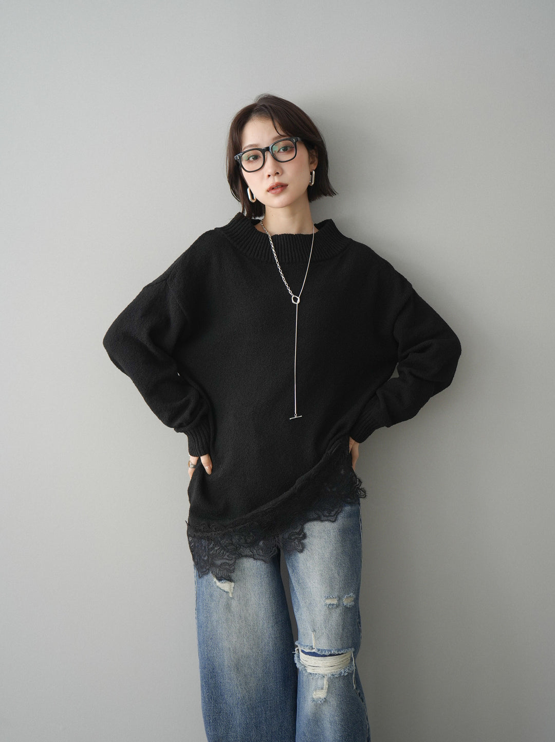 [SET]アシンメトリーレースヘムニットプルオーバー+アシンメトリーレースヘムニットプルオーバー(2set)