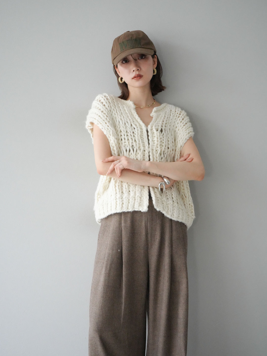 [SET] 手編繩結背心+粗花呢觸感褶皺寬褲（2件組）