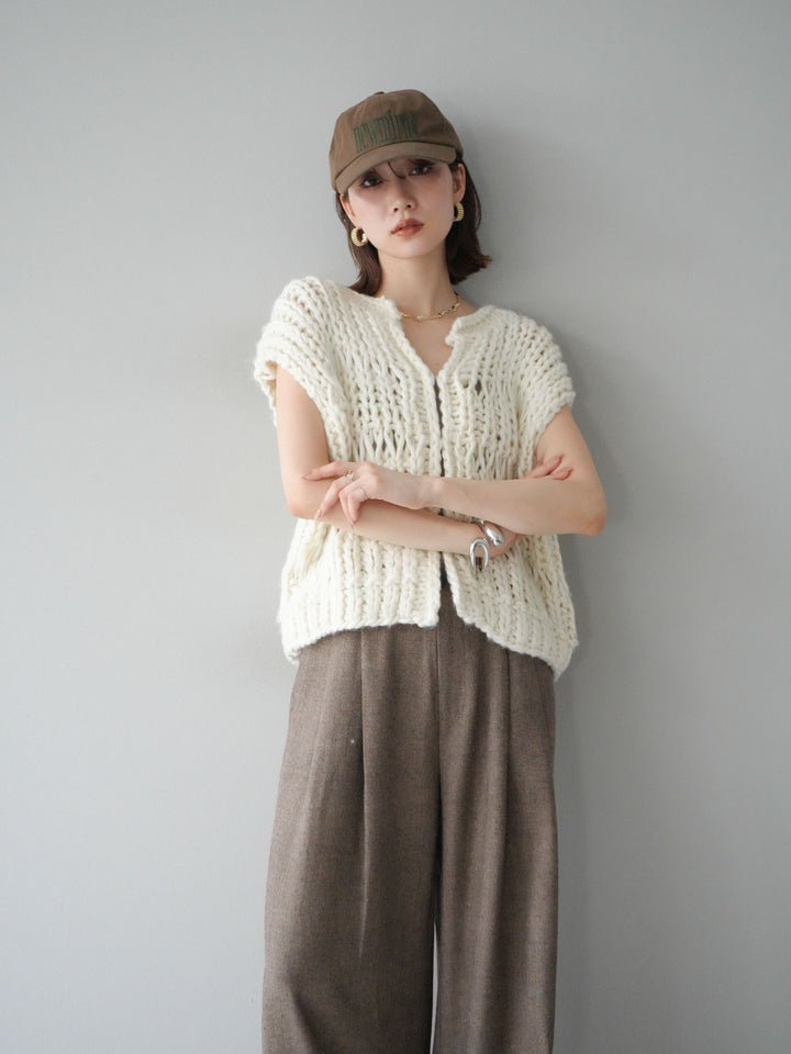 [SET] 手編繩結背心+粗花呢觸感褶皺寬褲（2件組）