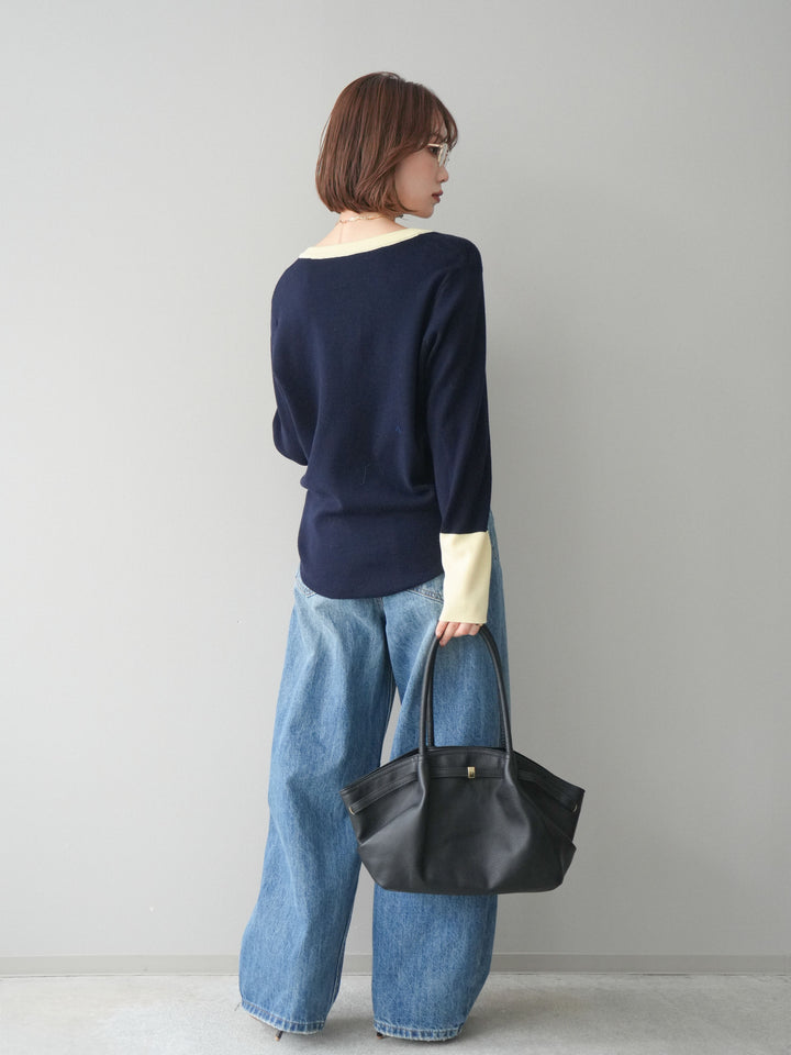 [SET]ヘンリーネック配色ニットソー+ベルト付3Dカーブワイドデニムパンツ(2set)