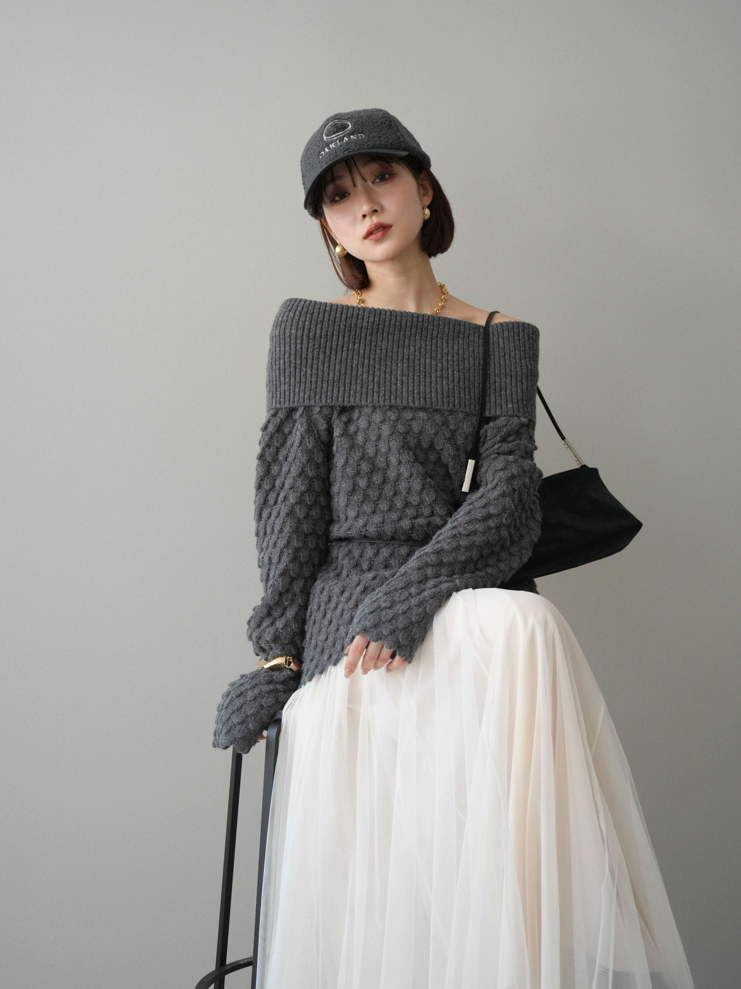 [予約]ポコポコ編みオフショルニットプルオーバー/gray