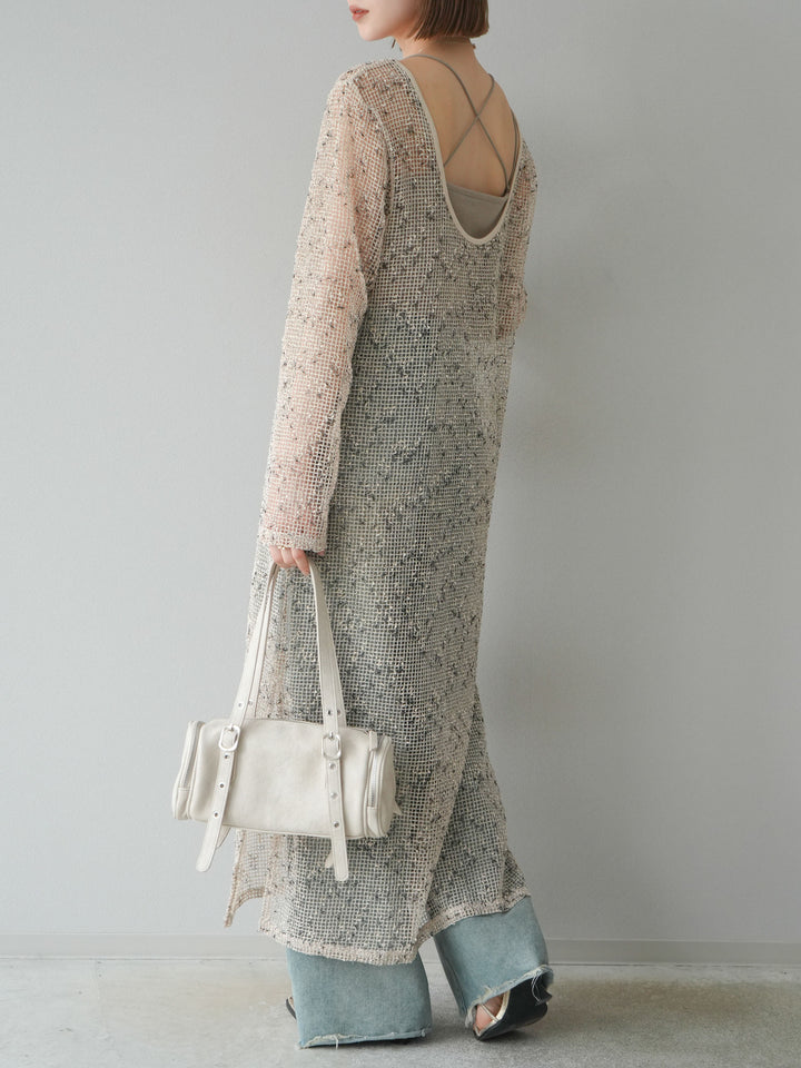 [預購] 鏤空網眼露背洋裝/象牙白