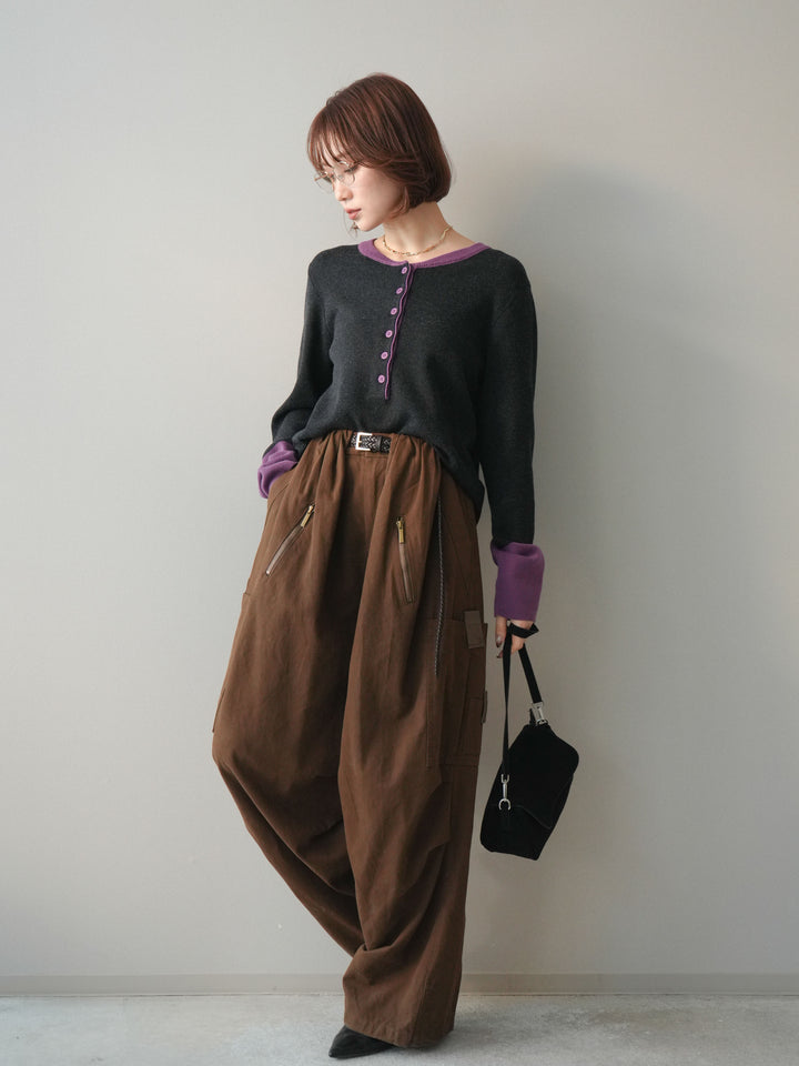 [SET]ヘンリーネック配色ニットソー+コットンタックループパンツ(2set)