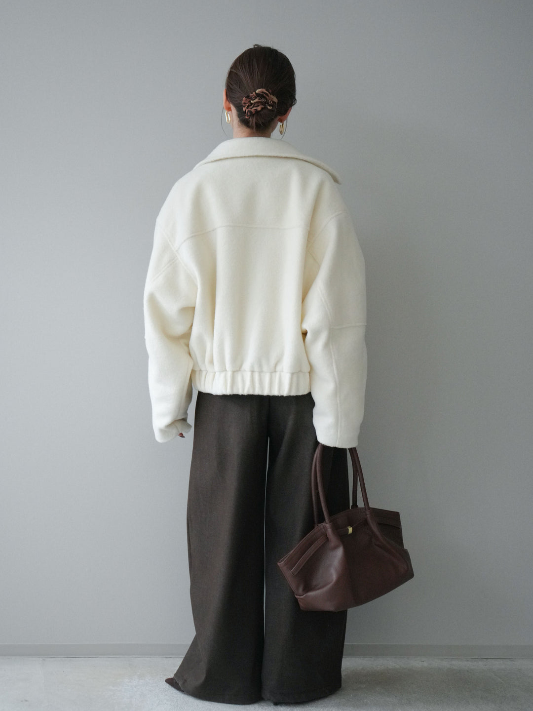 [SET]ウールライクフライトジャケット+シュシュ付きアンゴラタッチVネックニットプルオーバー+アニマル柄ベルト付きウールタッチワイドパンツ(3set)