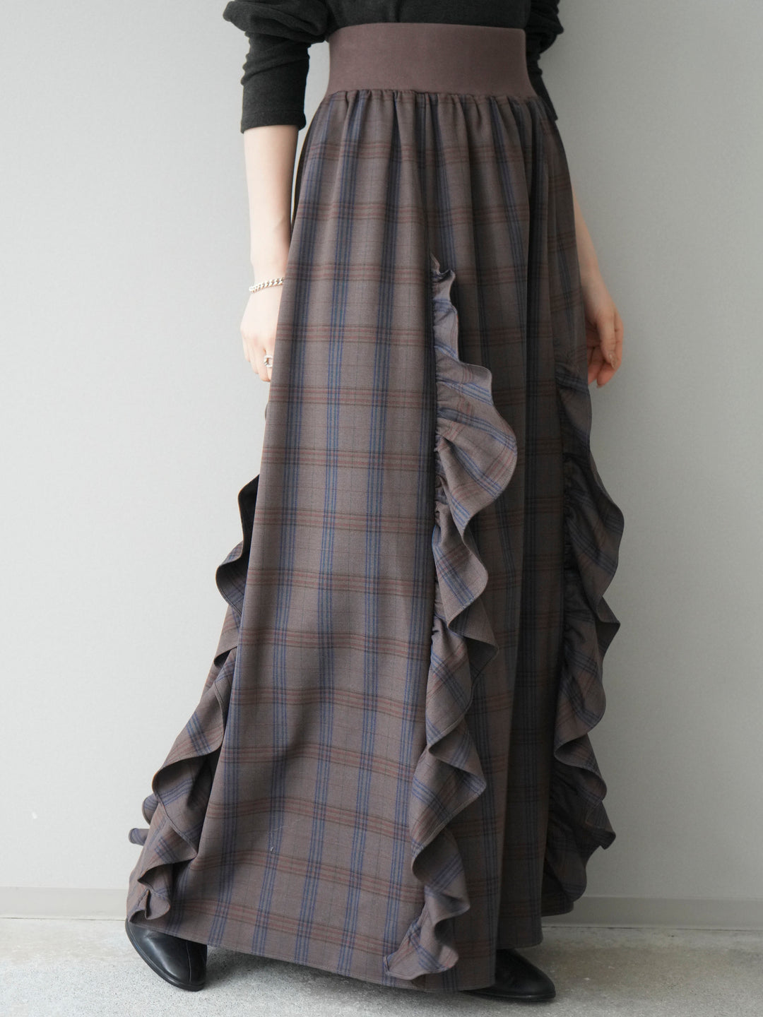 [予約]チェック柄フリルハイウエストマキシスカート/gray