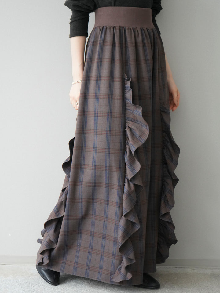 [予約]チェック柄フリルハイウエストマキシスカート/gray