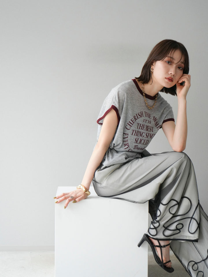 [SET]シアーフライス ロゴプリントT +コード刺繍チュールレイヤードパンツ(2set)