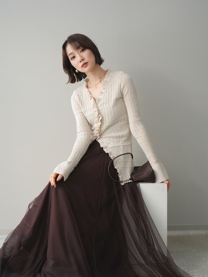 [予約]フロントフリルリブニットカーディガン/beige