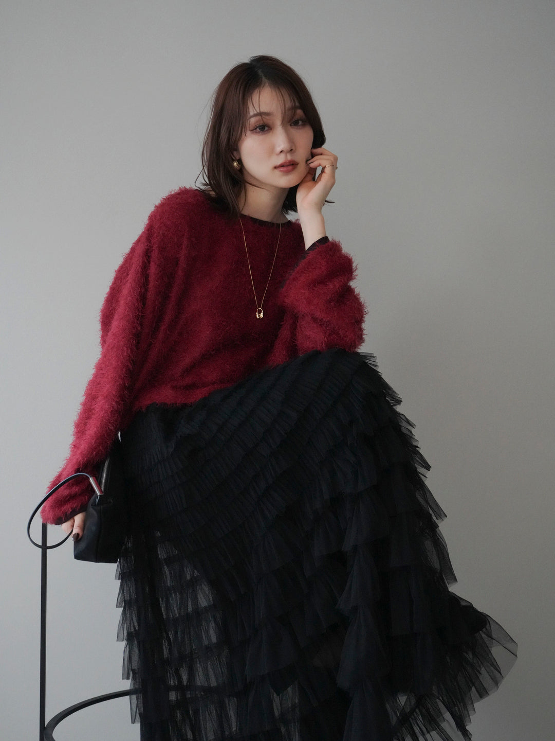 [予約]バイカラー2WAYシャギーニットカーディガン/red